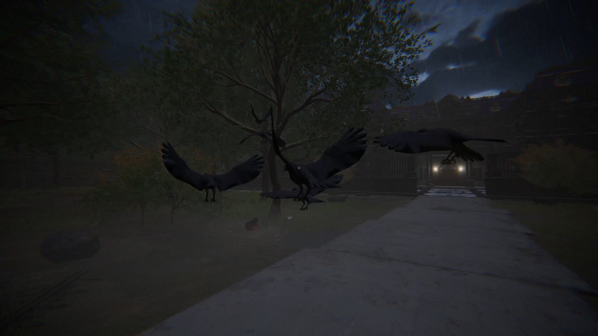 Night path to the orphanage gate, crows on the branches