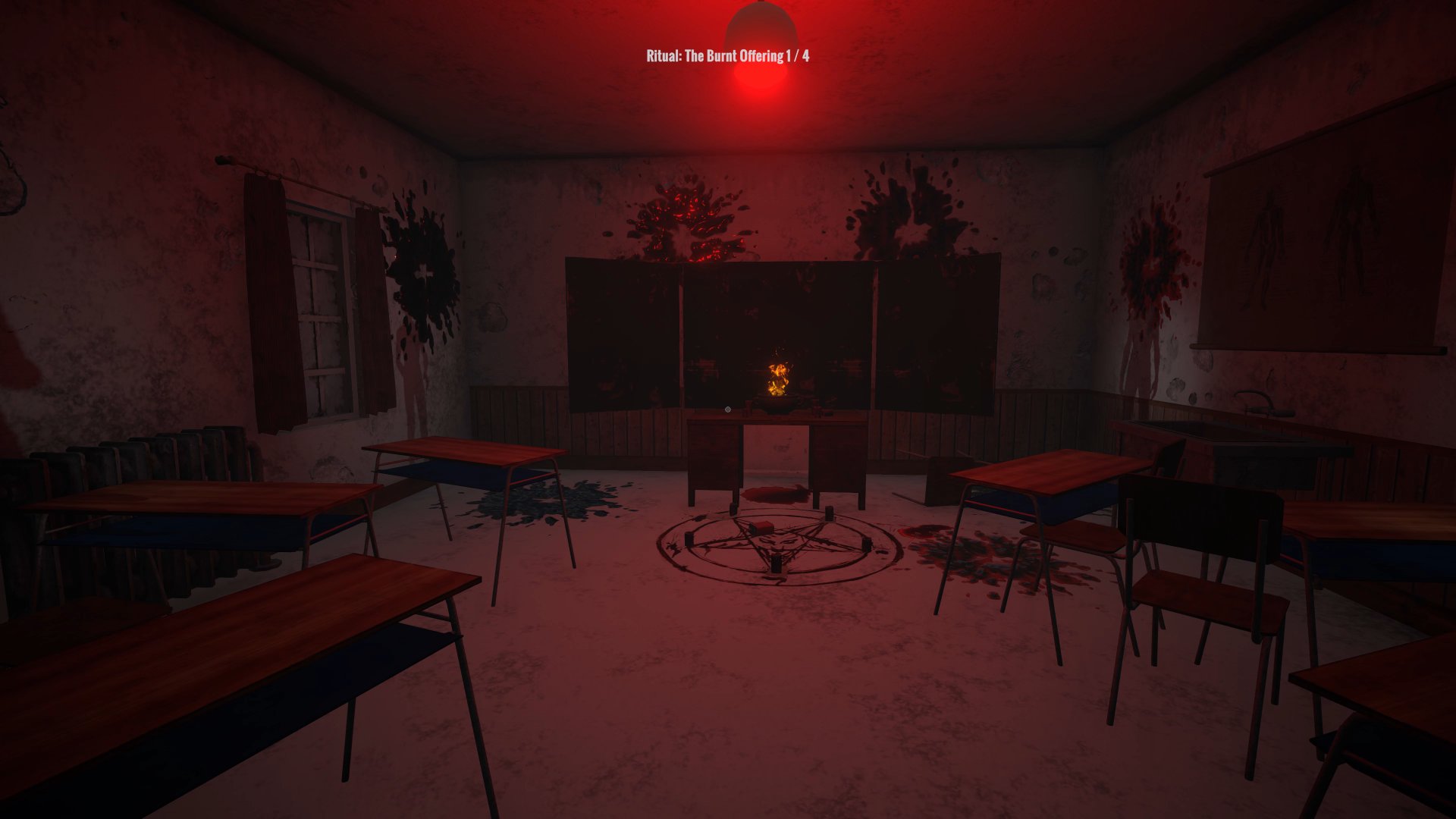Ritual circle in a blood-red classroom