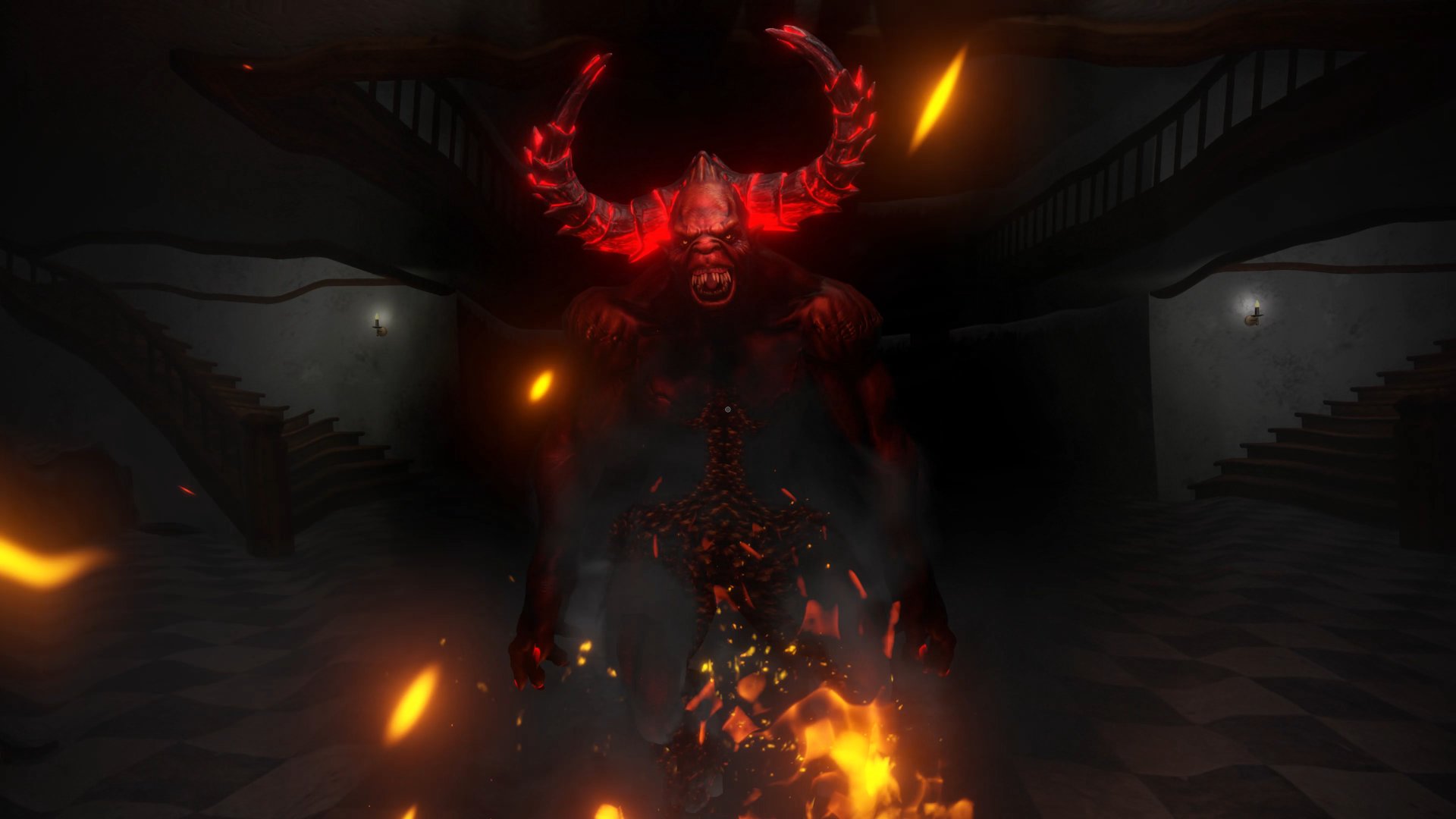 A horned demon rising out of fire